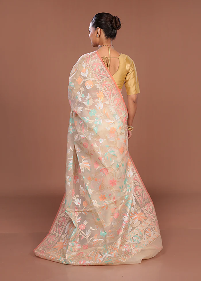 Cream Organza Saree With Blouse Piece - Image 3