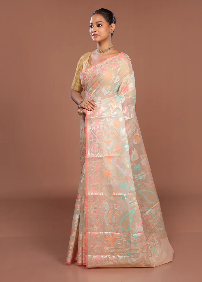 Cream Organza Saree With Blouse Piece - Image 4
