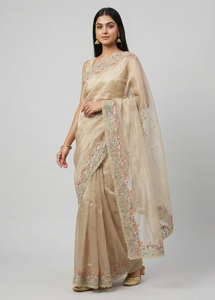 Cream Organza Saree With Blouse Piece
