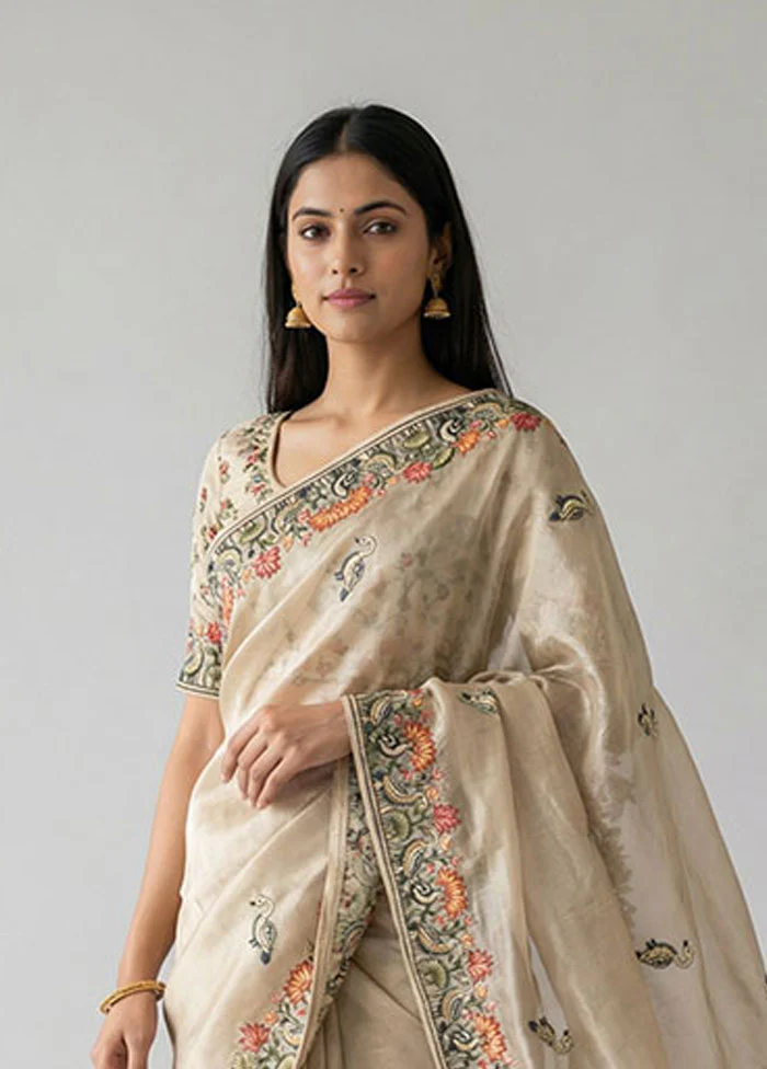 Cream Organza Saree With Blouse Piece - Image 2