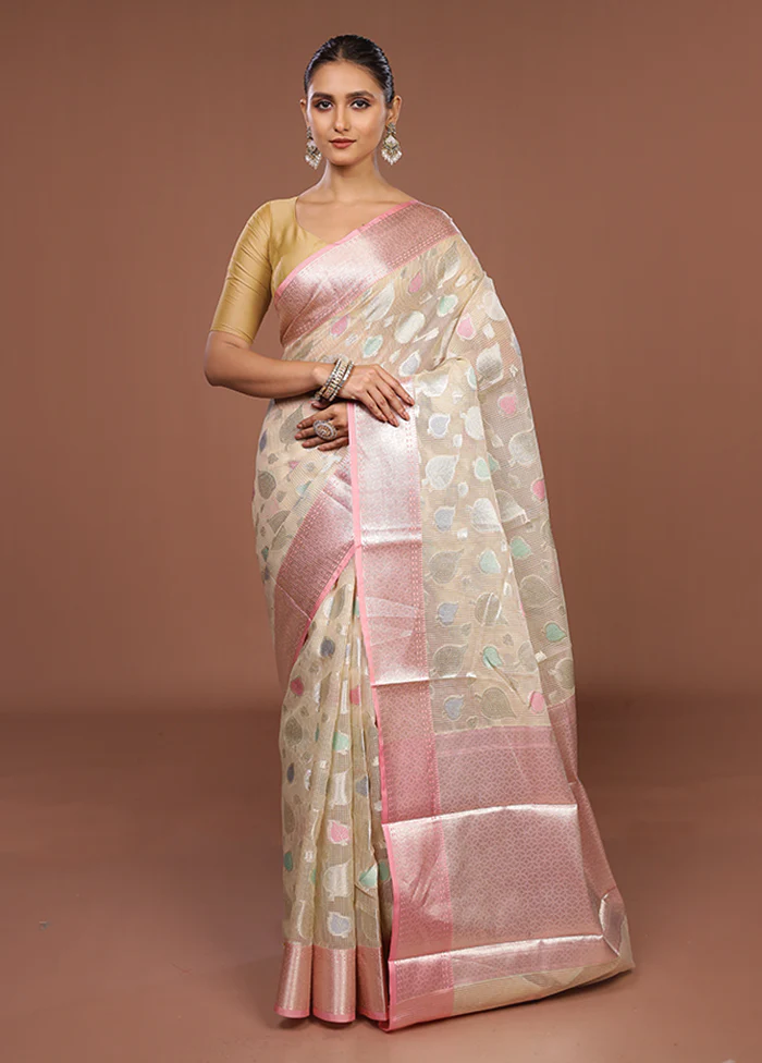 Cream Organza Saree With Blouse Piece - Image 2