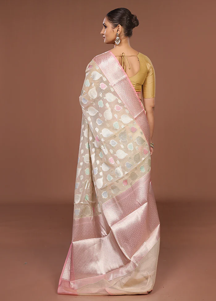 Cream Organza Saree With Blouse Piece - Image 3