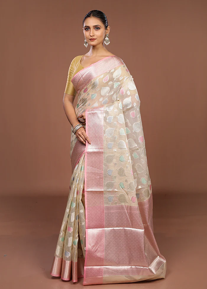 Cream Organza Saree With Blouse Piece - Image 4