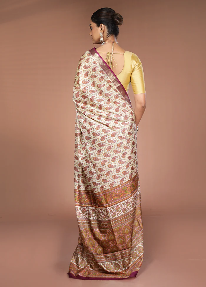 Cream Printed Silk Saree Without Blouse Piece - Image 3