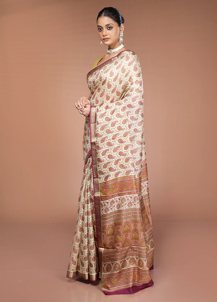 Cream Printed Silk Saree Without Blouse Piece - Image 4