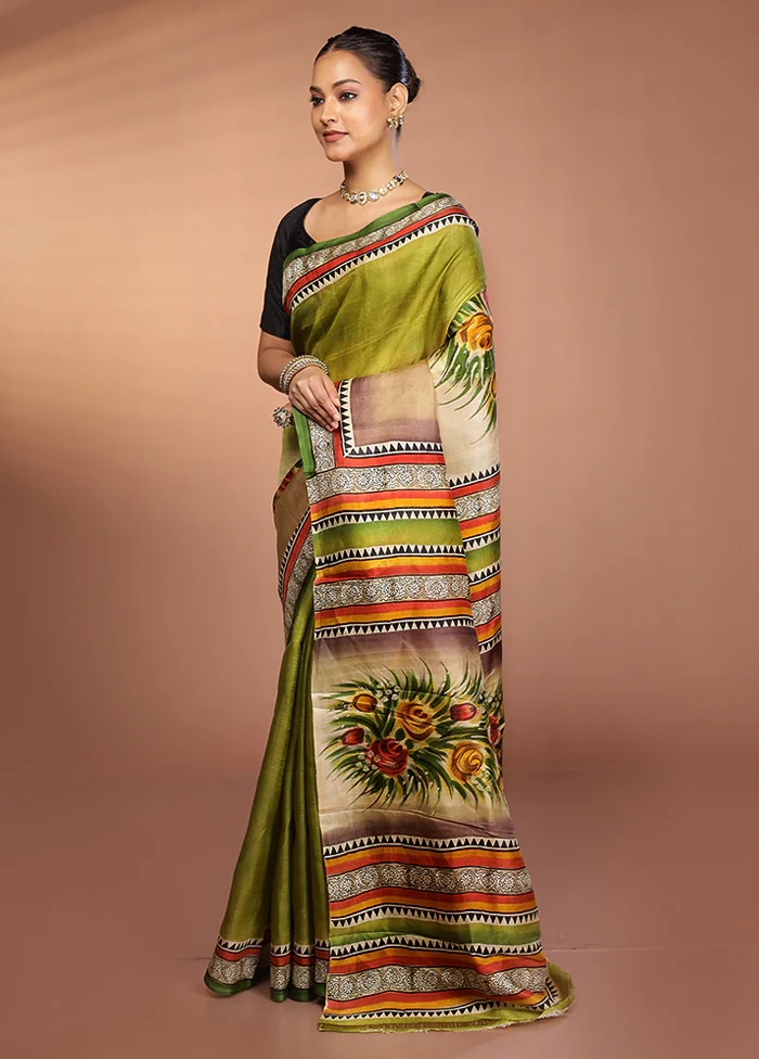 Cream Printed Pure Silk Saree Without Blouse Piece - Image 4