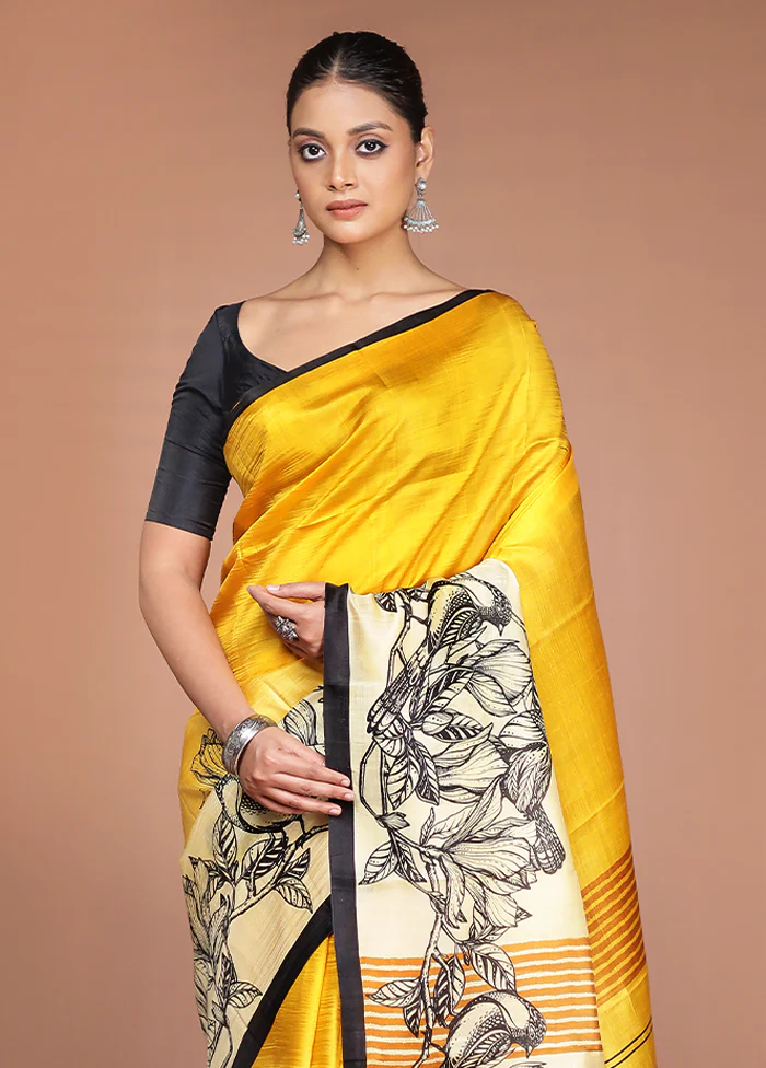 Cream Printed Pure Silk Saree Without Blouse Piece