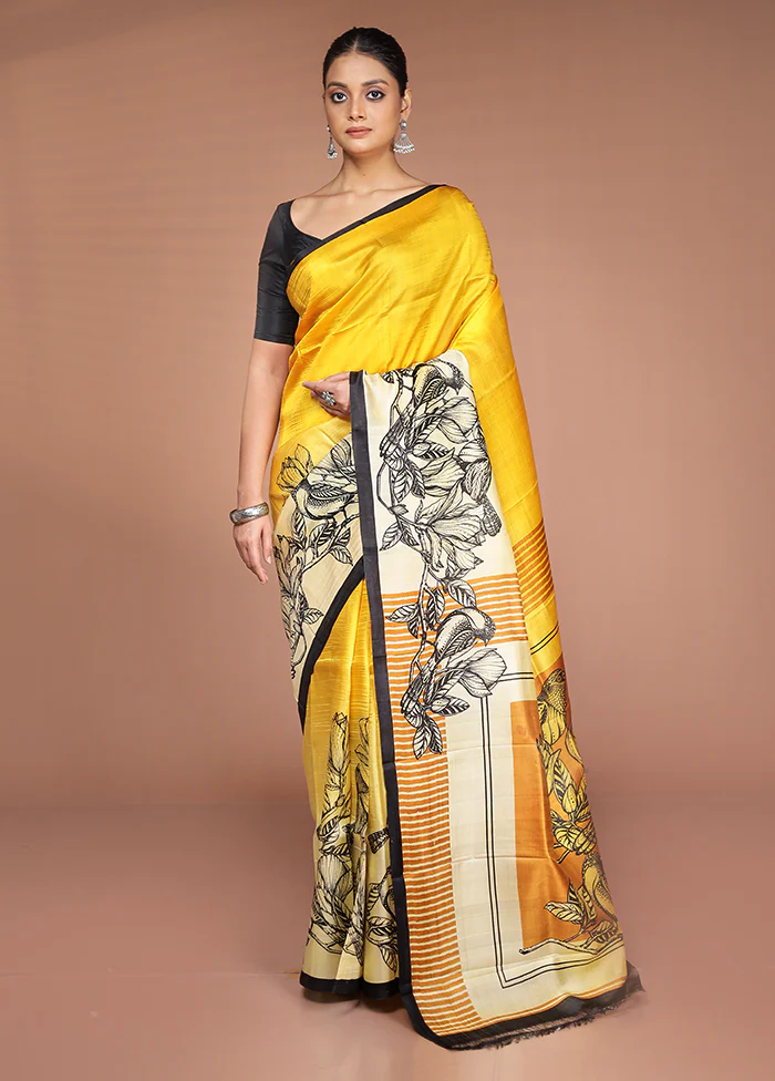 Cream Printed Pure Silk Saree Without Blouse Piece - Image 2