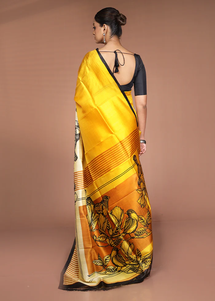 Cream Printed Pure Silk Saree Without Blouse Piece - Image 3