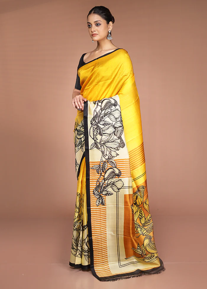 Cream Printed Pure Silk Saree Without Blouse Piece - Image 4