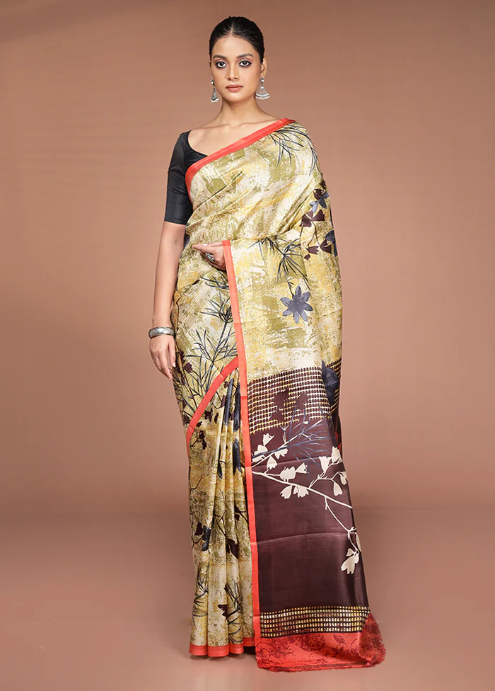 Cream Printed Pure Silk Saree Without Blouse Piece - Image 2