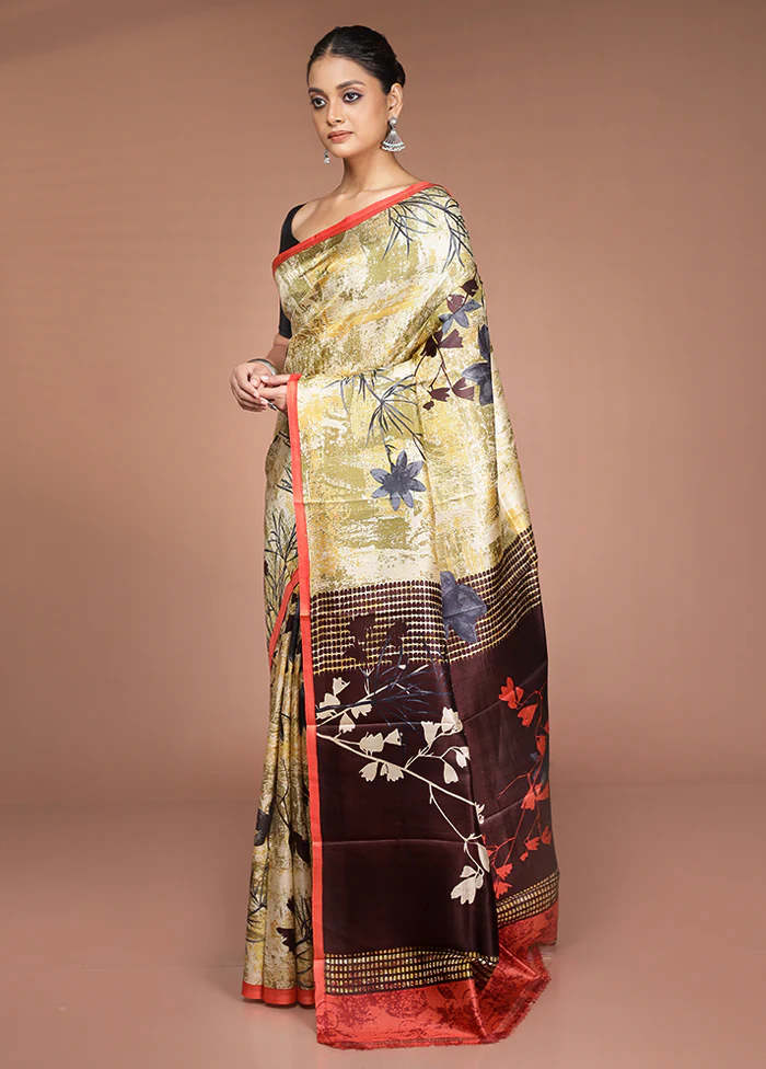 Cream Printed Pure Silk Saree Without Blouse Piece - Image 4