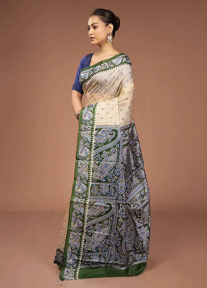Cream Printed Pure Silk Saree Without Blouse Piece - Image 4