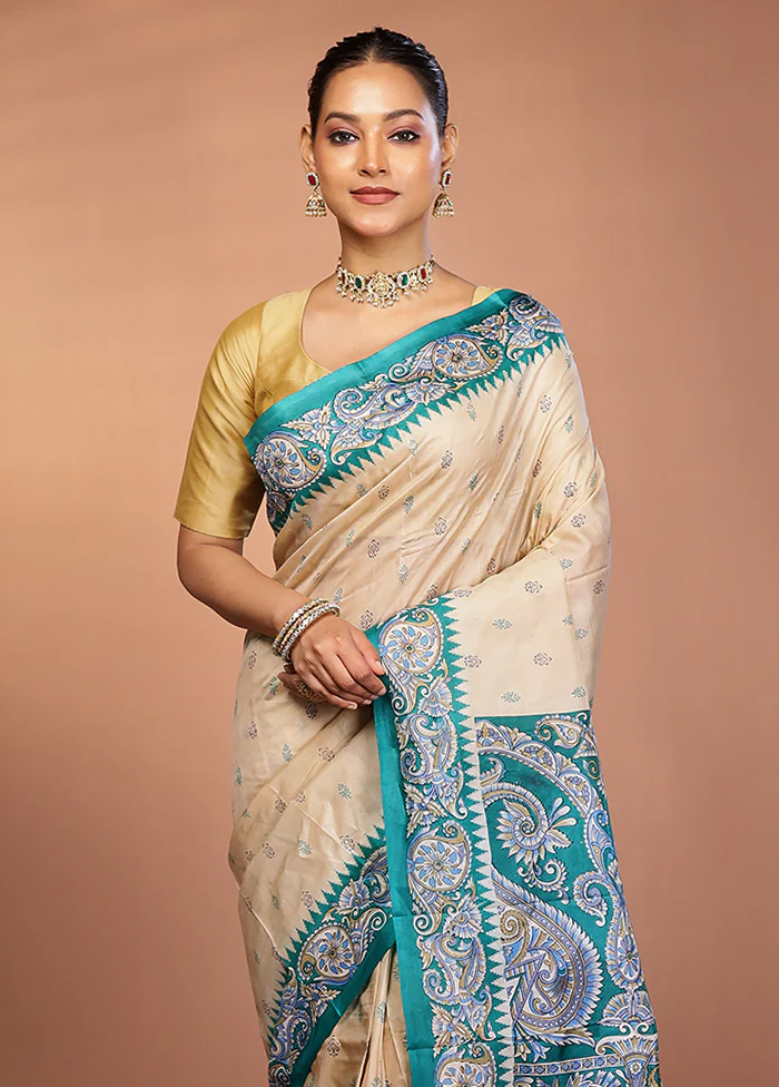 Cream Printed Pure Silk Saree Without Blouse Piece