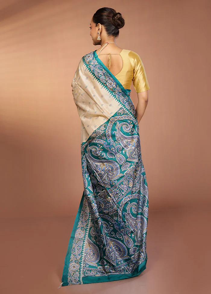 Cream Printed Pure Silk Saree Without Blouse Piece - Image 3