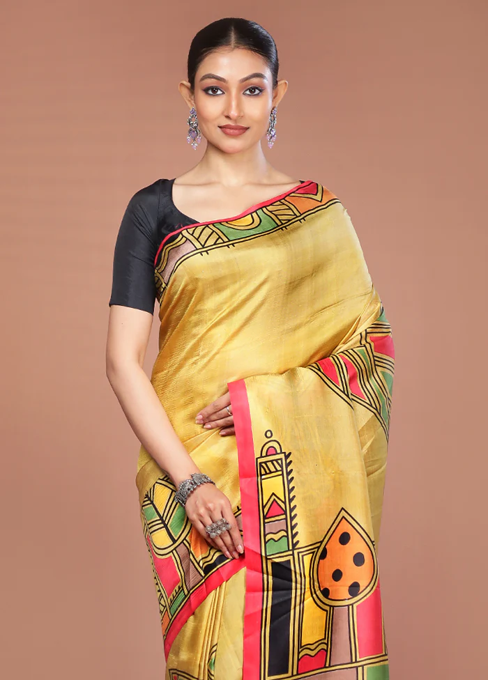 Cream Printed Pure Silk Saree Without Blouse Piece