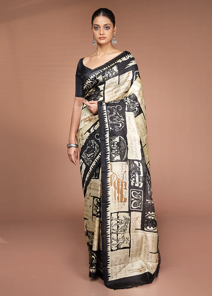 Cream Printed Pure Silk Saree Without Blouse Piece - Image 2