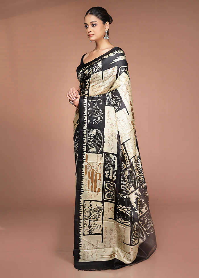 Cream Printed Pure Silk Saree Without Blouse Piece - Image 4