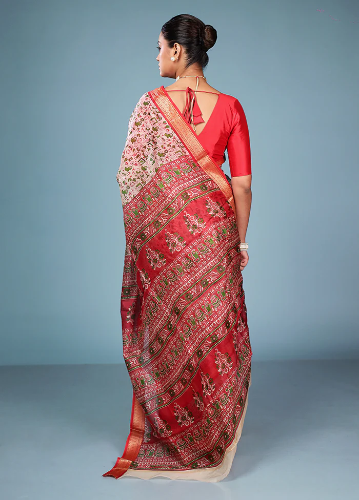 Cream Printed Pure Silk Saree Without Blouse Piece - Image 3