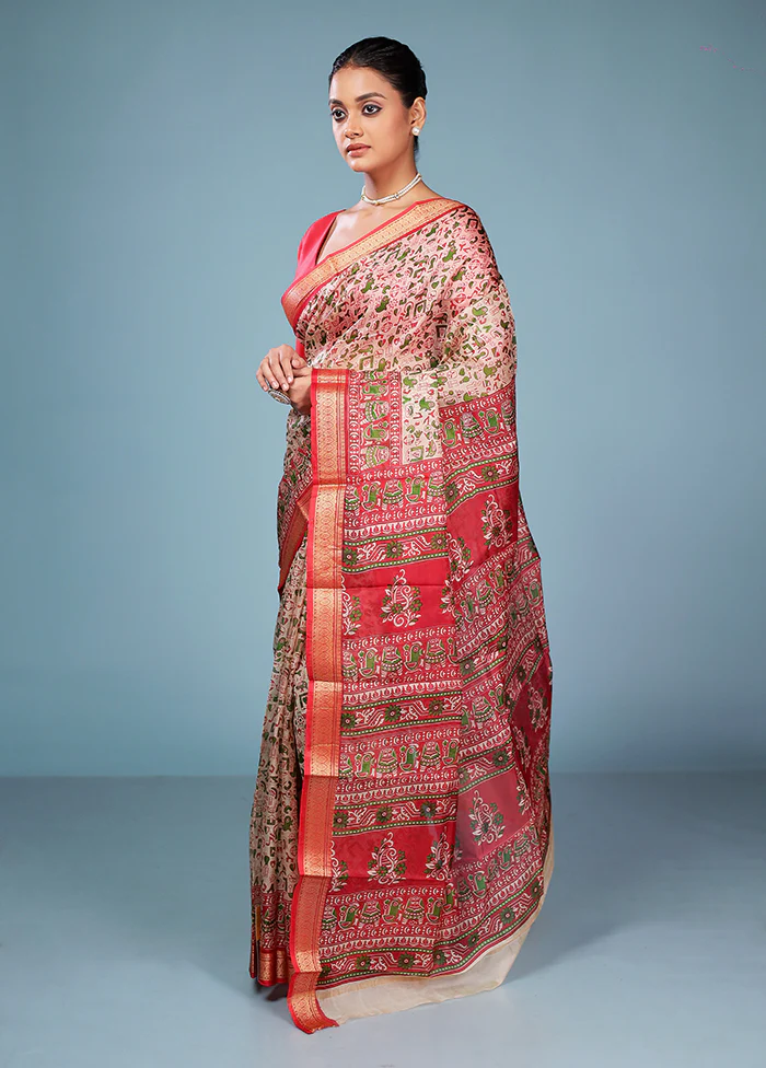 Cream Printed Pure Silk Saree Without Blouse Piece - Image 4