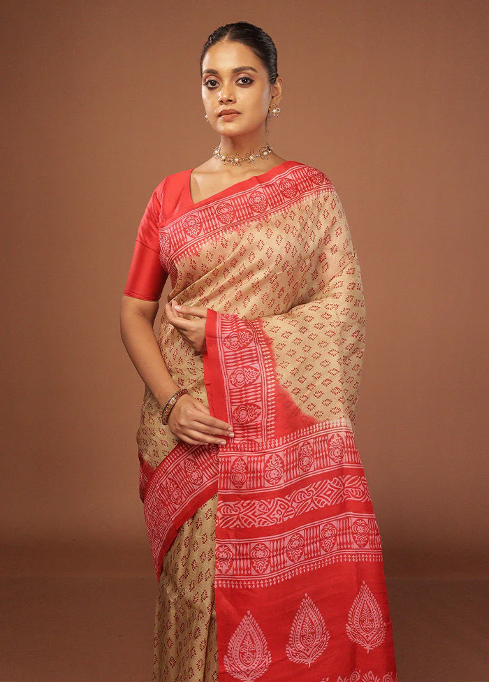 Cream Printed Pure Silk Saree Without Blouse Piece