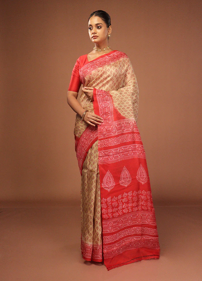 Cream Printed Pure Silk Saree Without Blouse Piece - Image 2
