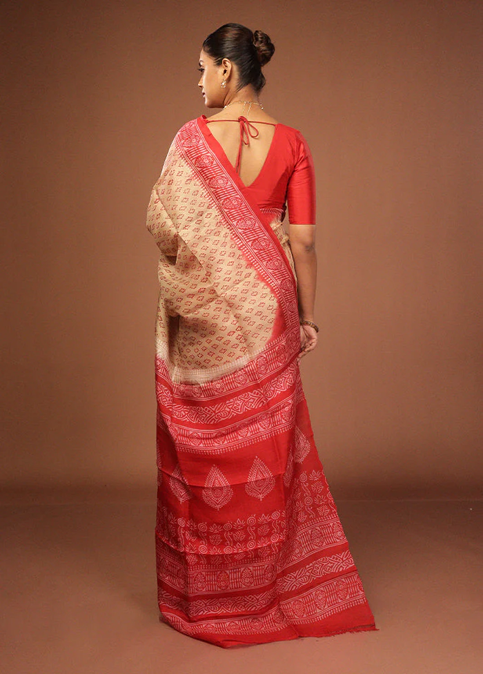 Cream Printed Pure Silk Saree Without Blouse Piece - Image 3