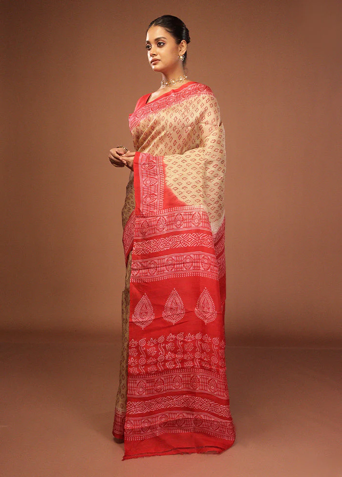 Cream Printed Pure Silk Saree Without Blouse Piece - Image 4