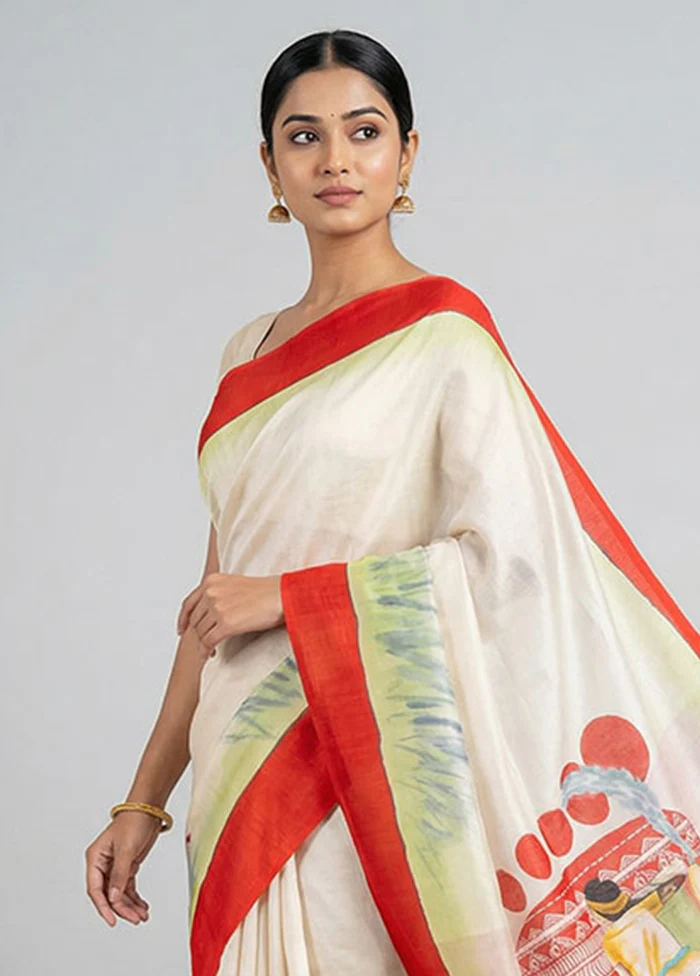 Cream Printed Silk Saree Without Blouse Piece - Image 2
