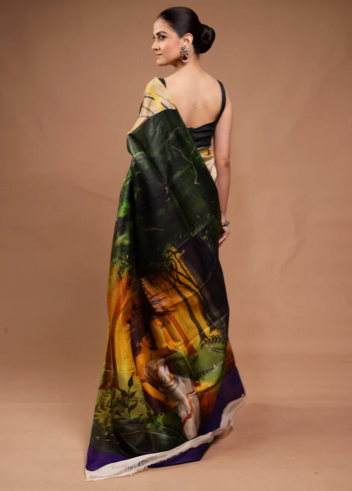 Cream Printed Pure Silk Saree Without Blouse Piece - Image 3