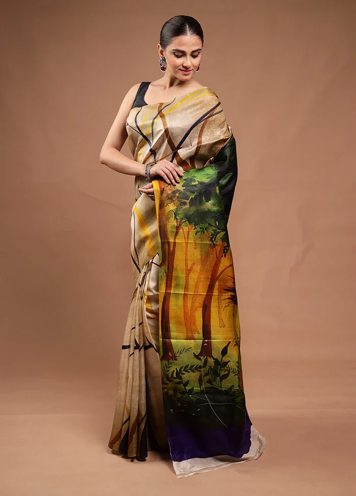 Cream Printed Pure Silk Saree Without Blouse Piece - Image 4