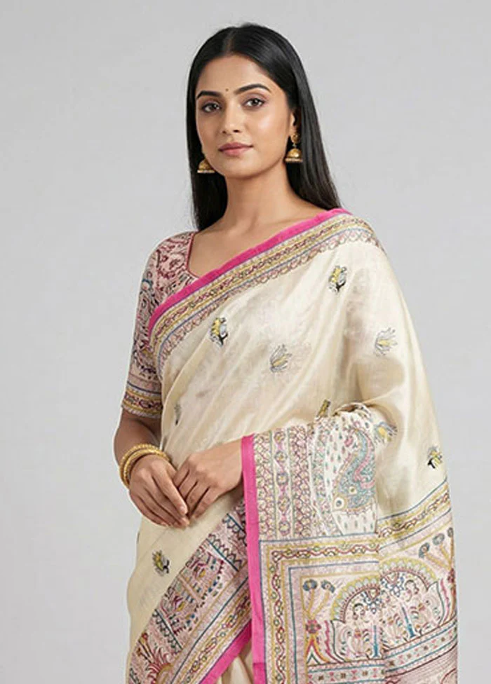 Cream Printed Pure Silk Saree Without Blouse Piece - Image 2