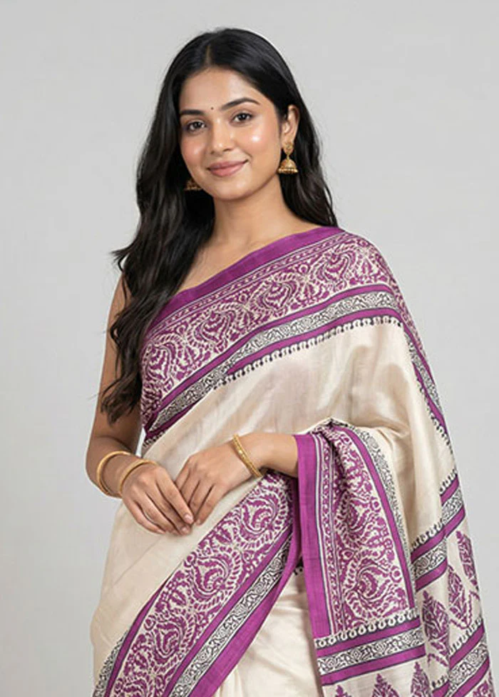 Cream Printed Silk Saree Without Blouse Piece - Image 2