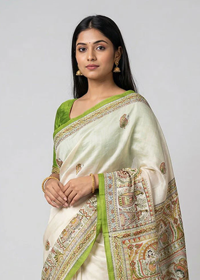 Cream Printed Silk Saree Without Blouse Piece - Image 2