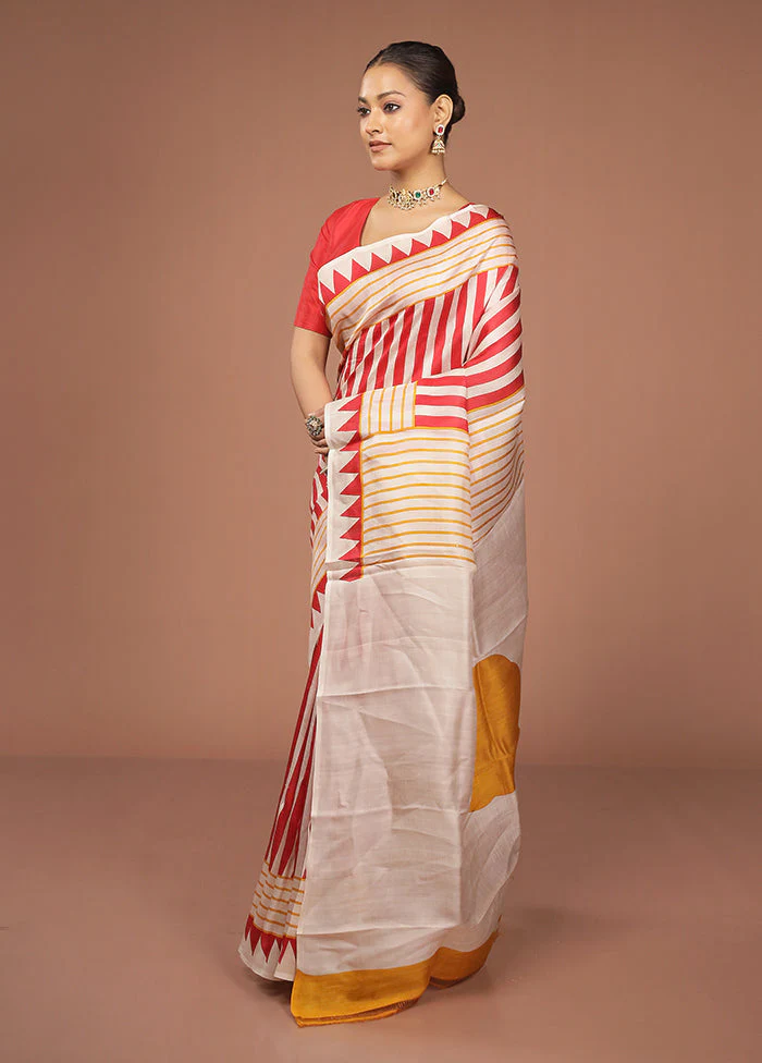 Cream Printed Pure Silk Saree Without Blouse Piece - Image 4