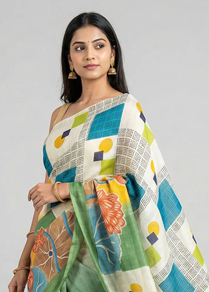 Cream Printed Silk Saree Without Blouse Piece - Image 2