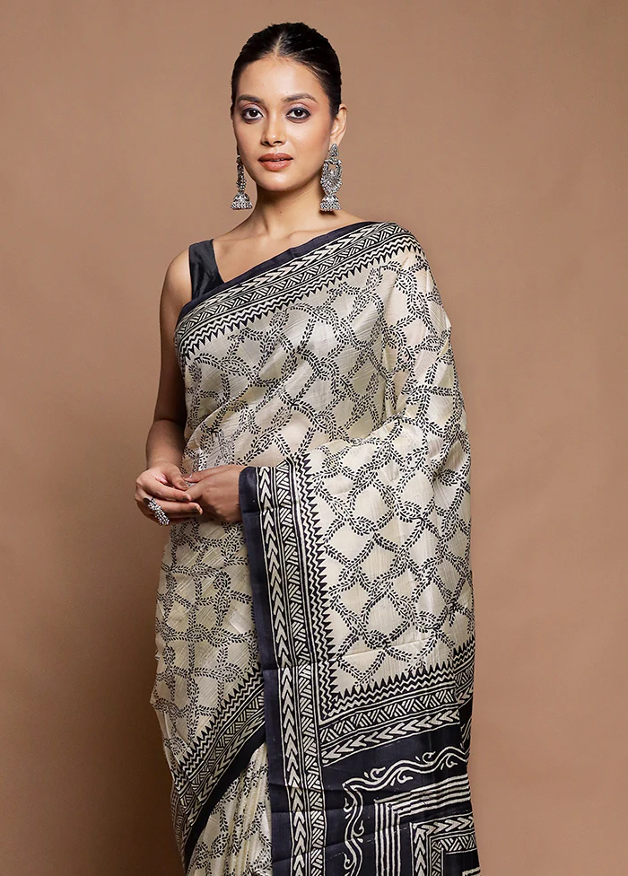 Cream Printed Pure Silk Saree Without Blouse Piece - Image 2