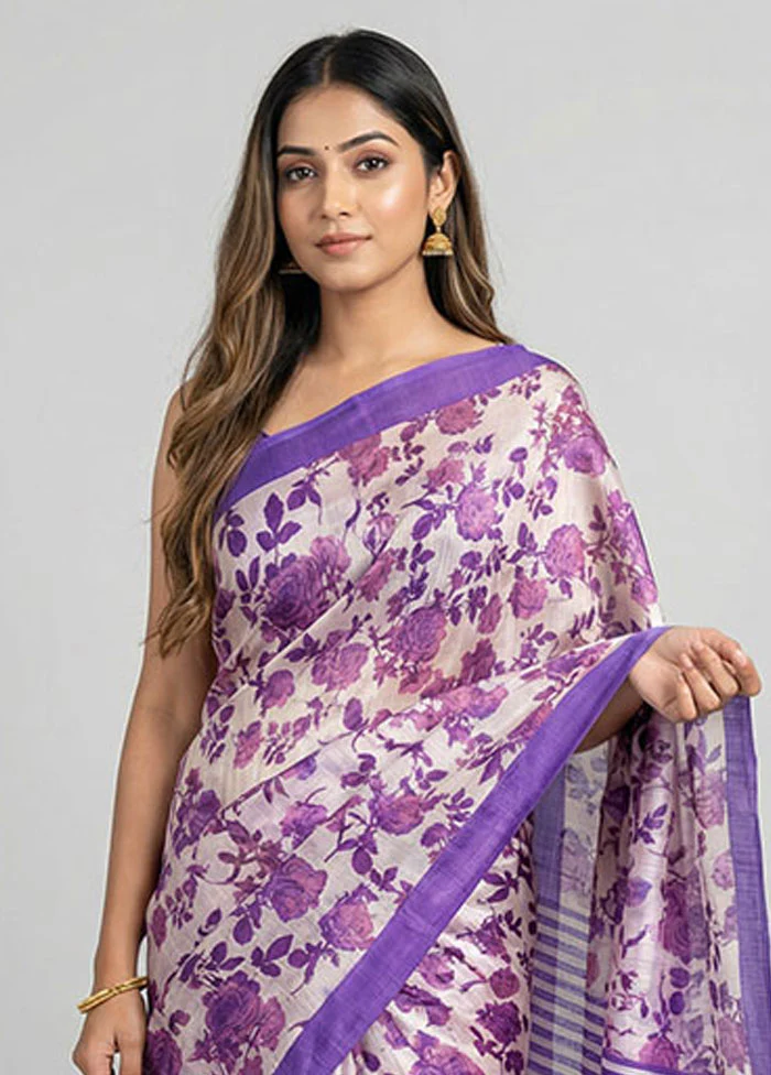 Cream Printed Silk Saree Without Blouse Piece - Image 2