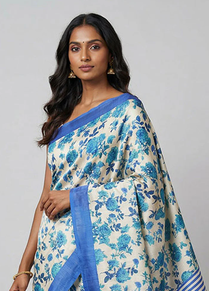 Cream Printed Silk Saree Without Blouse Piece - Image 2