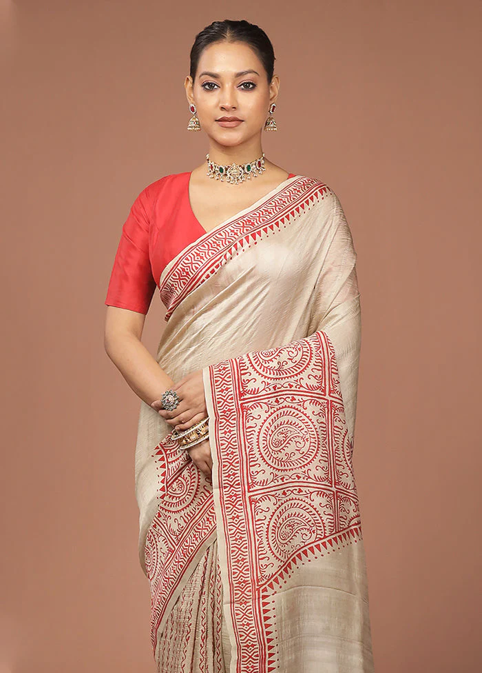 Cream Printed Pure Silk Saree Without Blouse Piece