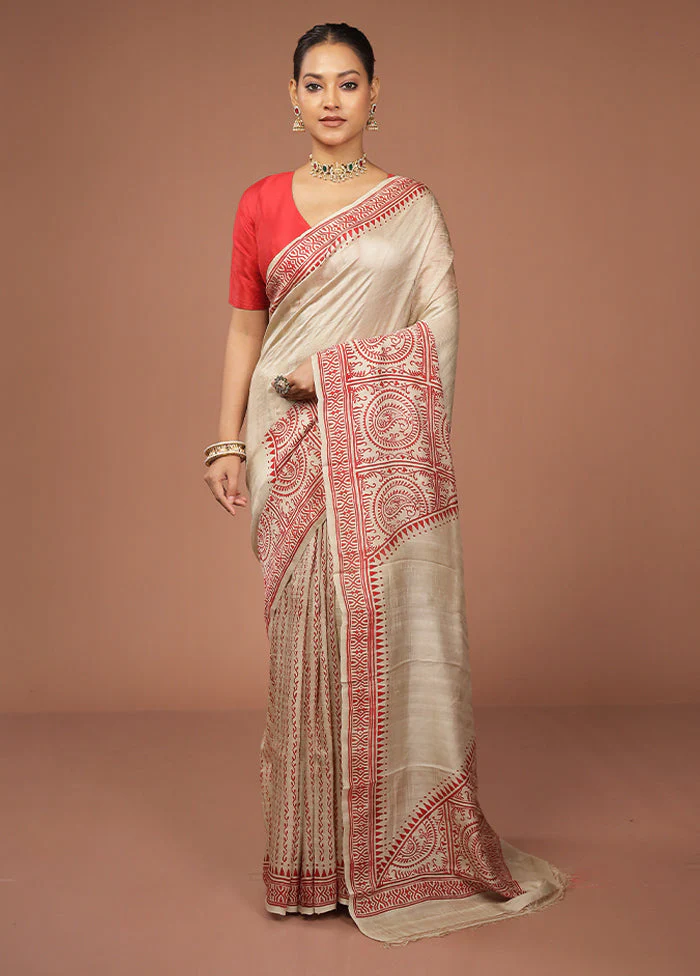 Cream Printed Pure Silk Saree Without Blouse Piece - Image 2