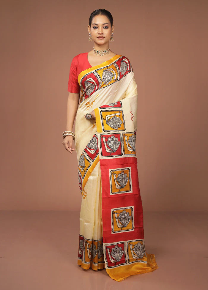 Cream Printed Pure Silk Saree Without Blouse Piece - Image 2
