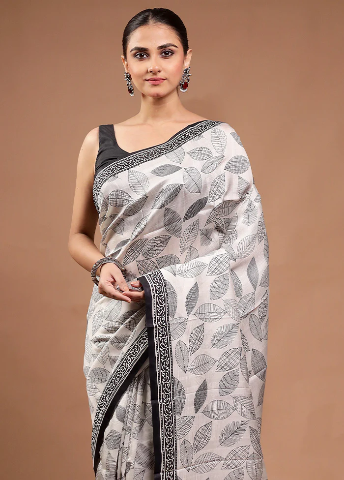 Cream Printed Pure Silk Saree Without Blouse Piece - Image 2