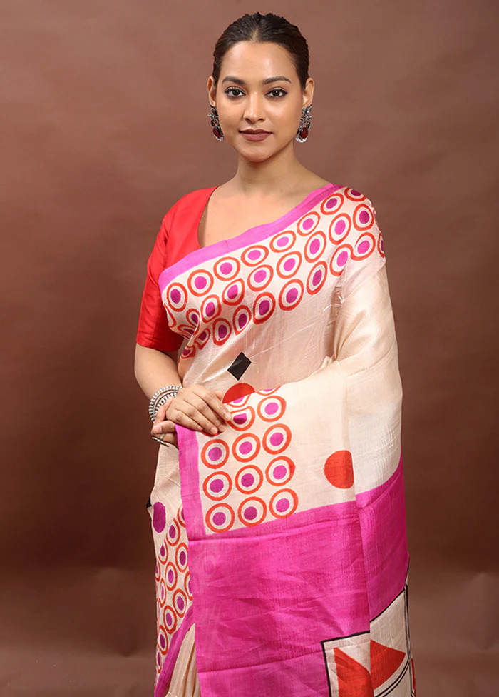 Cream Printed Pure Silk Saree Without Blouse Piece - Image 2