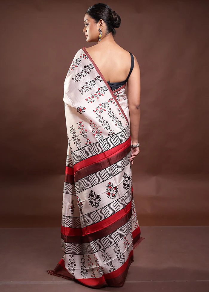 Cream Printed Pure Silk Saree Without Blouse Piece - Image 3