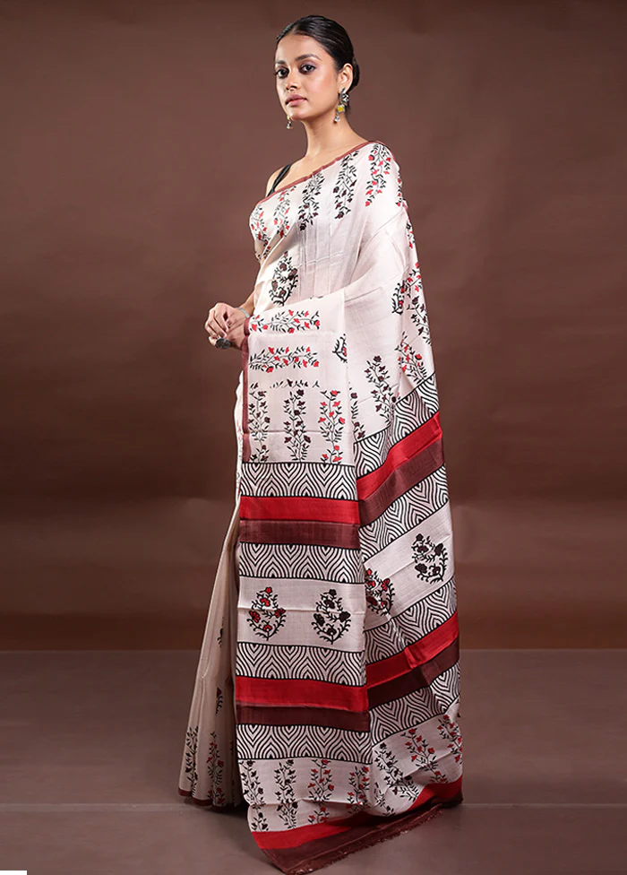 Cream Printed Pure Silk Saree Without Blouse Piece - Image 4