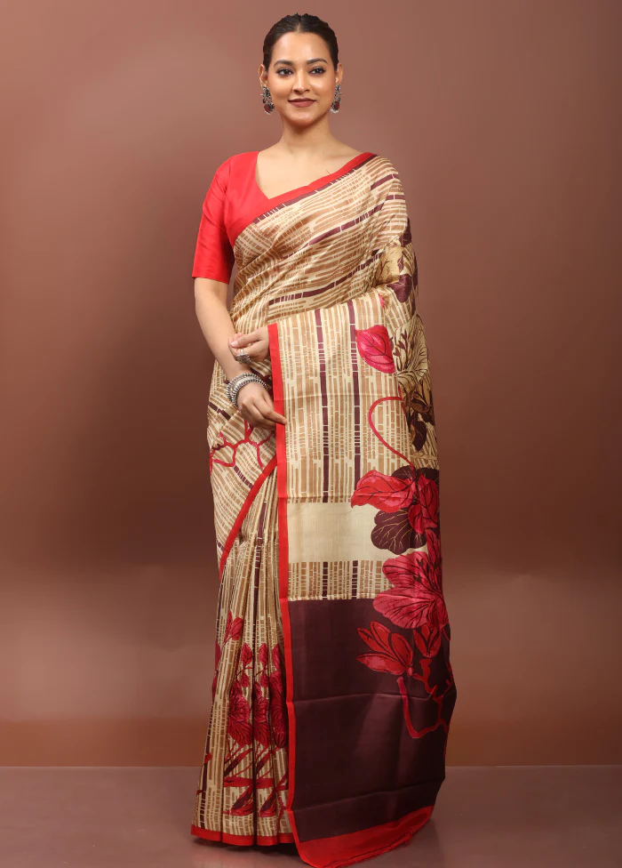 Cream Printed Pure Silk Saree Without Blouse Piece