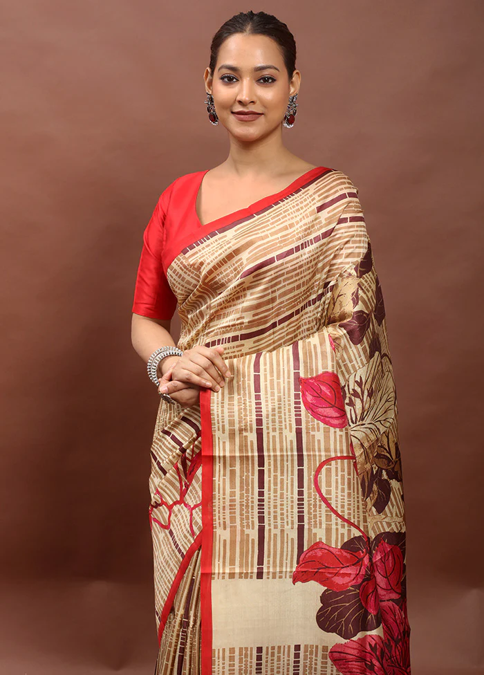 Cream Printed Pure Silk Saree Without Blouse Piece - Image 2