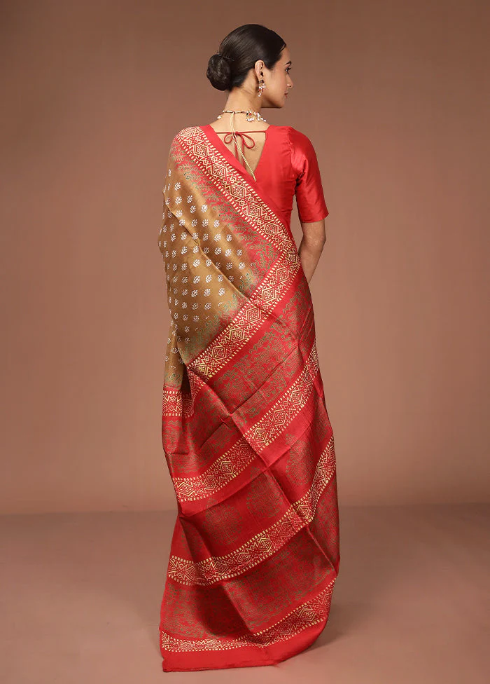 Brown Printed Silk Saree Without Blouse Piece - Image 3