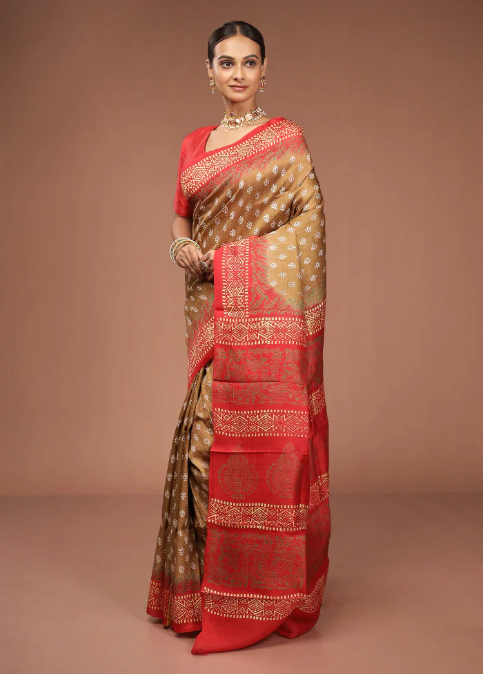 Brown Printed Silk Saree Without Blouse Piece - Image 4
